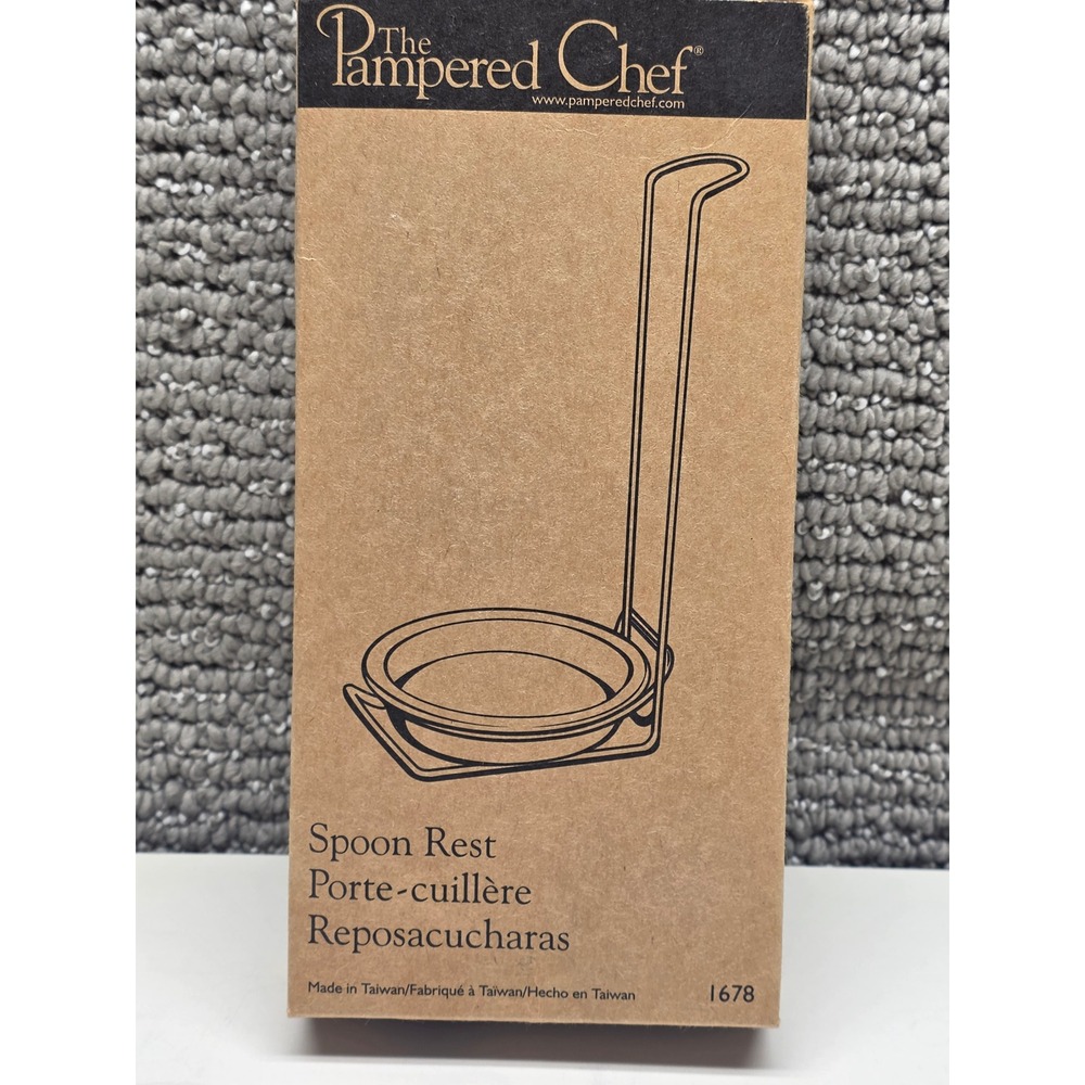 The Pampered Chef Spoon Rest 1678 White Ceramic Bowl Chrome Wire Stand NIB